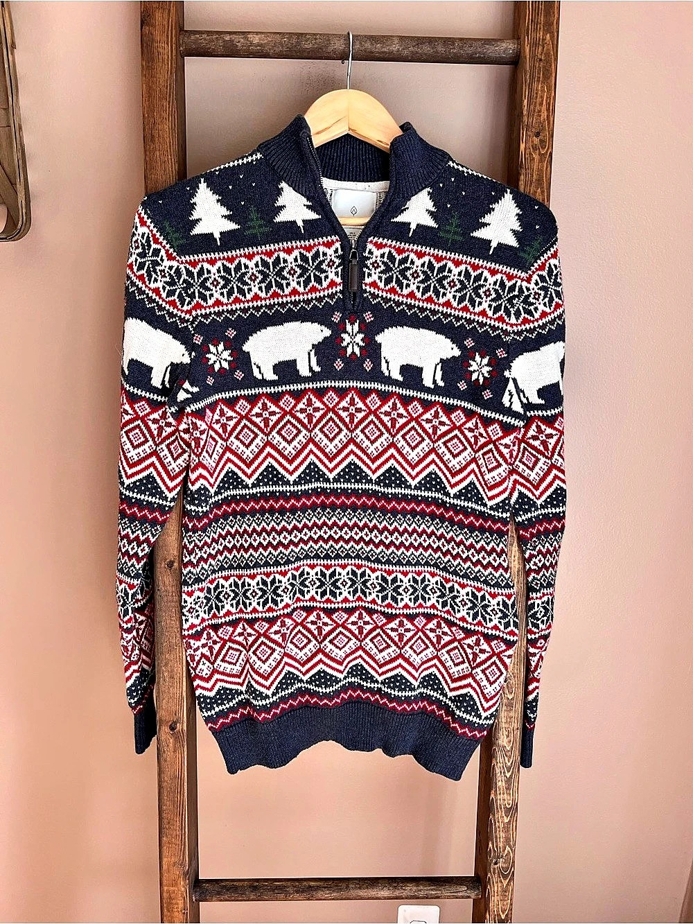 Aspen Fair Isle Polar Bear Quarter Zip Holiday Sweater Size S